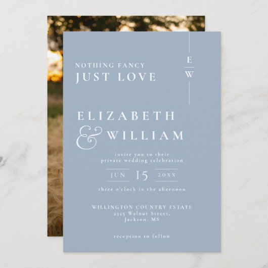 Dusty Blue Modern Monogram Intimate Wedding Foto Einladung (Vorne/Hinten)