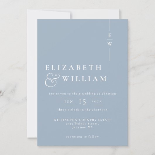 Dusty Blue Modern Monogram Wedding QR Code Einladung (Vorderseite)