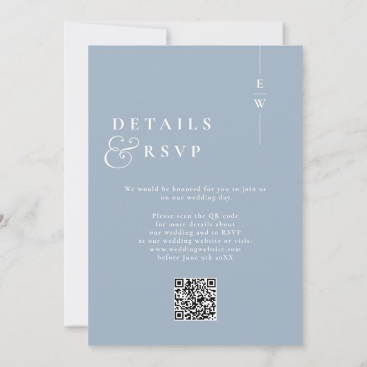 Dusty Blue Modern Monogram Wedding QR Code Einladung (Rückseite)