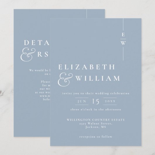 Dusty Blue Modern Monogram Wedding QR Code Einladung (Vorne/Hinten)