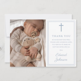 Dusty Blue Modern Photo Baptism Christening Dankeskarte