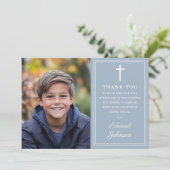 Dusty Blue Modern Photo First Holy Communion Dankeskarte (Stehend Vorderseite)