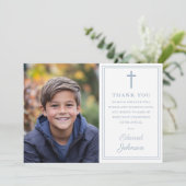Dusty Blue Modern Photo First Holy Communion Dankeskarte (Stehend Vorderseite)