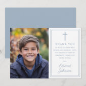 Dusty Blue Modern Photo First Holy Communion Dankeskarte (Vorne/Hinten)