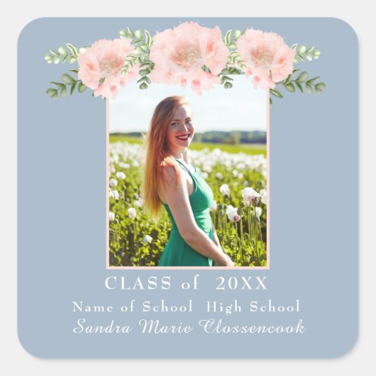 Dusty Blue Modern, Pink Blume Blumenstrauß Abschlu Quadratischer Aufkleber (Vorderseite)