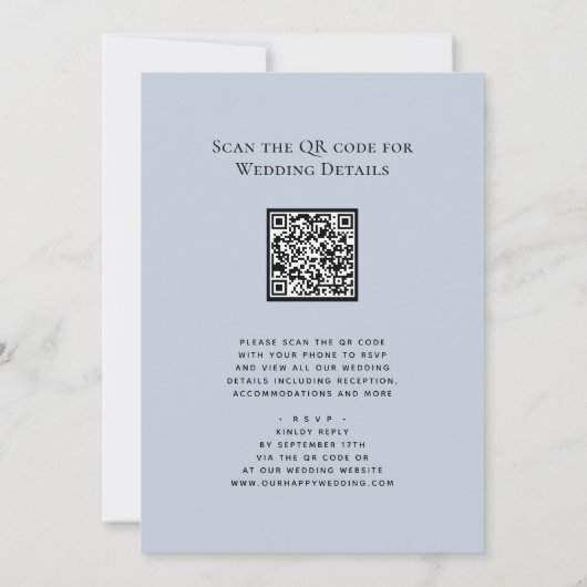 Dusty Blue Modern QR Code in einer Hochzeit Einladung (Rückseite)