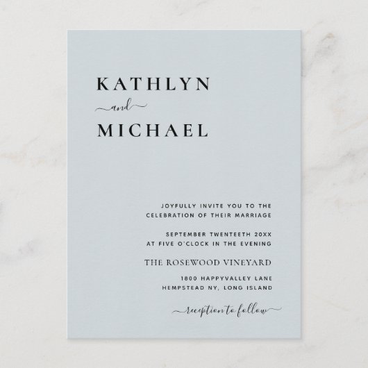 Dusty Blue Modern QR Code in einer Hochzeit Einladungspostkarte (Vorderseite)