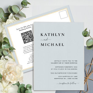 Dusty Blue Modern QR Code in einer Hochzeit Einladungspostkarte