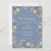 Dusty Blue Modern QR Code Wildblume Wedding Einladung (Vorderseite)