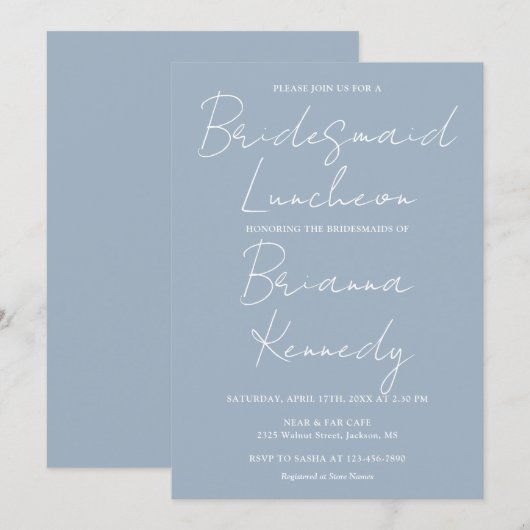 Dusty Blue Modern Script Bridesmaids Luncheon Einladung (Vorne/Hinten)