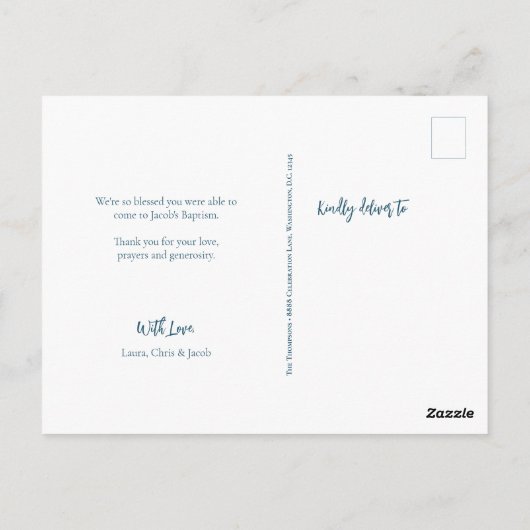 Dusty Blue Modern Script Custom Baptisc Postkarte (Rückseite)