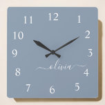 Dusty Blue Modern Script Elegant Monogram Name Quadratische Wanduhr<br><div class="desc">Dusty Blue Script Monogram Name Clock. This makes the perfect sweet 16 birthday,  wedding,  bridal shower,  anniversary,  baby shower or bachelorette party gift for someone that loves glam luxury and chic styles.</div>