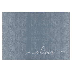 Dusty Blue Modern Script Elegante Monogram Name Cu Schneidebrett