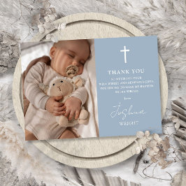Dusty Blue Modern Script Foto Taufe Christening Dankeskarte