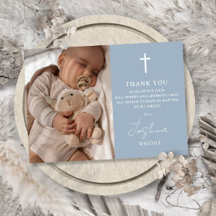 Dusty Blue Modern Script Foto Taufe Christening Dankeskarte