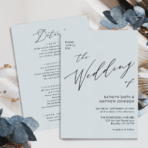 Dusty Blue Modern Script in einer einfachen Hochze Einladung