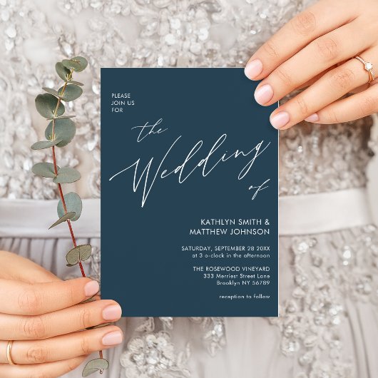Dusty Blue Modern Script in einer einfachen Hochze Einladung