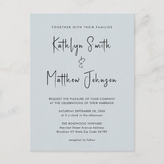 Dusty Blue Modern Script in einer einfachen Hochze Einladungspostkarte (Vorderseite)