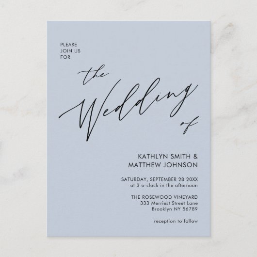 Dusty Blue Modern Script in einer einfachen Hochze Einladungspostkarte (Vorderseite)