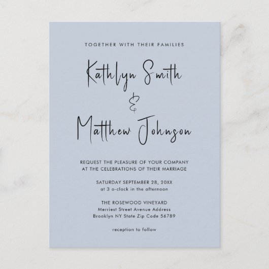Dusty Blue Modern Script in einer einfachen Hochze Einladungspostkarte (Vorderseite)