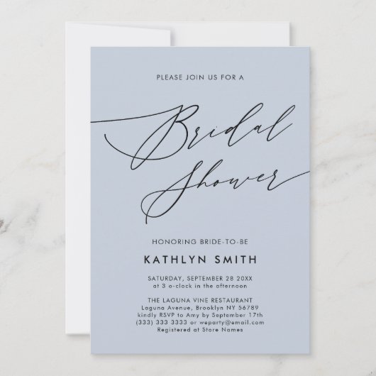 Dusty Blue Modern Script Minimalistisch Brautparty Einladung (Vorderseite)