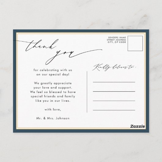 Dusty Blue Modern Script Simple Wedding Vielen Dan Postkarte (Rückseite)