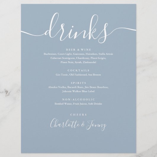 Dusty Blue Modern Script Wedding Drinks Menü (Vorne)