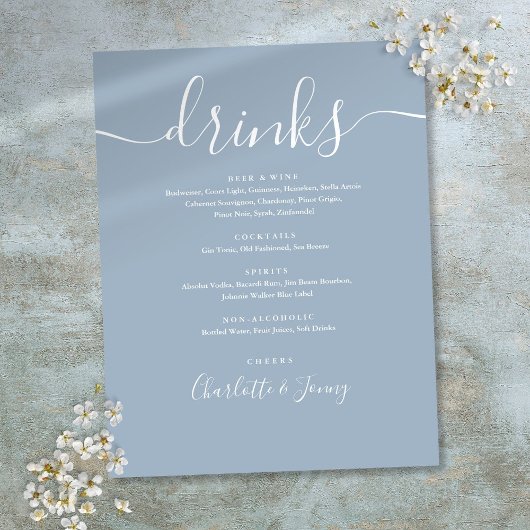 Dusty Blue Modern Script Wedding Drinks Menü