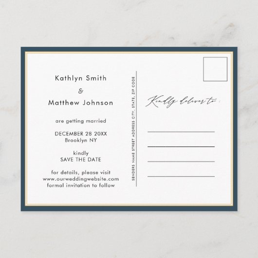 Dusty Blue Modern Script Wedding Save the Date Ankündigungspostkarte (Rückseite)