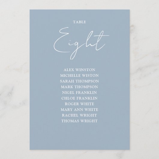 Dusty Blue Modern Seating Chart Tischnummer (Vorderseite)