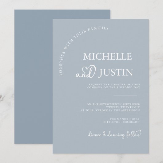 Dusty Blue Modern Simple Minimalistisch Wedding Einladung (Vorne/Hinten)