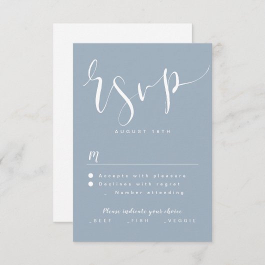 Dusty Blue Modern Simple Script Hochzeit RSVP (Vorne/Hinten)