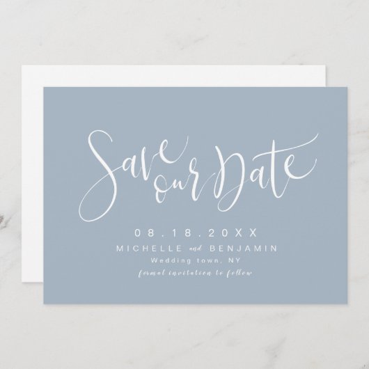 Dusty Blue Modern Simple Script Save the Date (Vorne/Hinten)