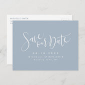 Dusty Blue Modern Simple Script Save the Date Ankündigungspostkarte (Vorne/Hinten)
