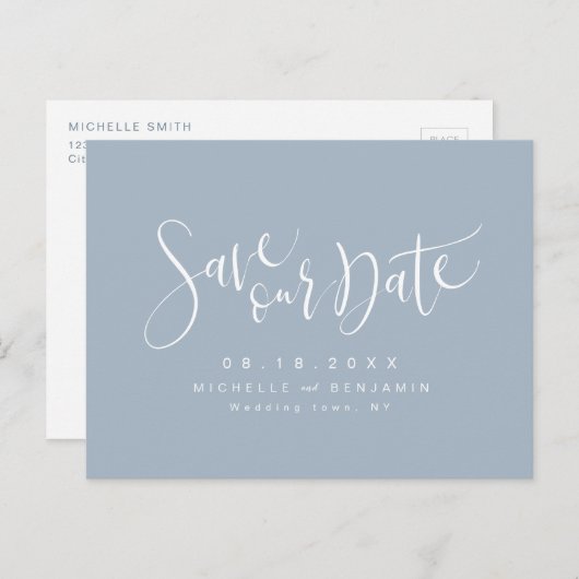 Dusty Blue Modern Simple Script Save the Date Ankündigungspostkarte (Vorne/Hinten)