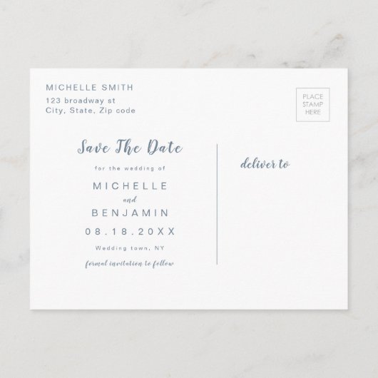 Dusty Blue Modern Simple Script Save the Date Ankündigungspostkarte (Rückseite)