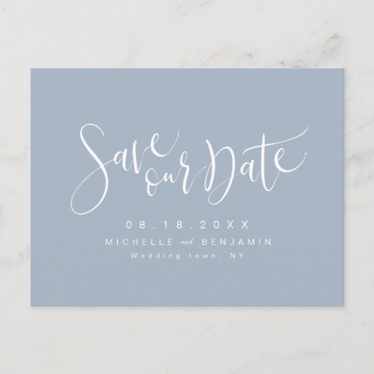 Dusty Blue Modern Simple Script Save the Date Ankündigungspostkarte (Vorderseite)