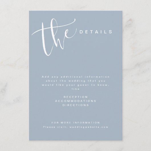 Dusty Blue Modern Simple Script Wedding Details Begleitkarte (Vorderseite)