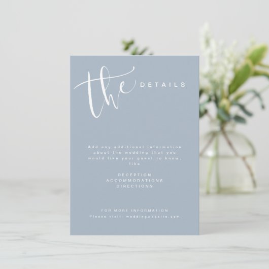 Dusty Blue Modern Simple Script Wedding Details Begleitkarte (Stehend Vorderseite)