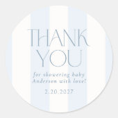 Dusty Blue Modern Striped Baby Shower Runder Aufkleber (Vorderseite)
