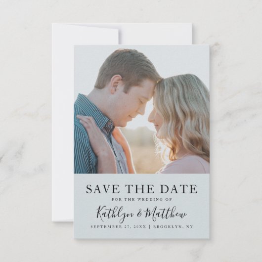 Dusty Blue Modern Typografy Simple Foto Wedding Save The Date (Vorderseite)