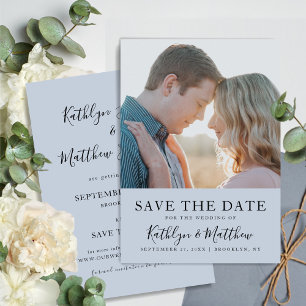 Dusty Blue Modern Typografy Simple Foto Wedding Save The Date