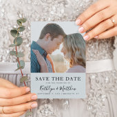 Dusty Blue Modern Typografy Simple Foto Wedding Save The Date