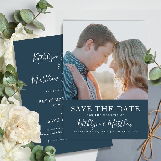 Dusty Blue Modern Typografy Simple Foto Wedding Save The Date