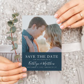 Dusty Blue Modern Typografy Simple Foto Wedding Save The Date