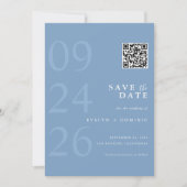 Dusty Blue Modern Typography QR Code Wedding Save The Date (Vorderseite)