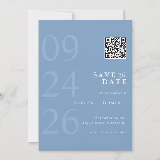 Dusty Blue Modern Typography QR Code Wedding Save The Date (Vorderseite)
