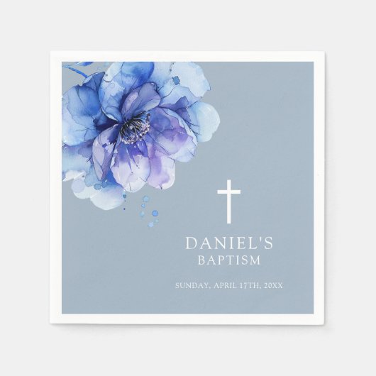Dusty Blue Modern Watercolor Floral Baptisse Serviette (Vorderseite)