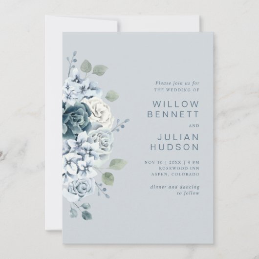 Dusty Blue Modern Watercolor Floral Wedding Einladung (Vorderseite)
