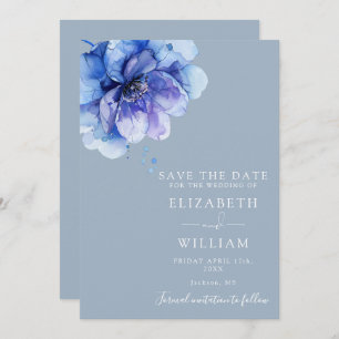 Dusty Blue Modern Watercolor Floral Wedding Save The Date